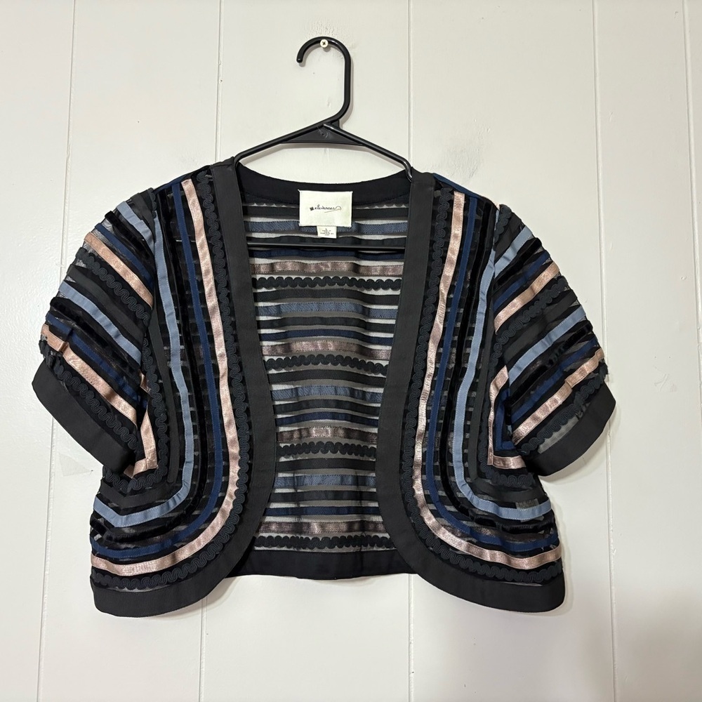 Elevenses for Anthropologie Striped Velvet Bolero Jacket SZ L Chic Evening Layer